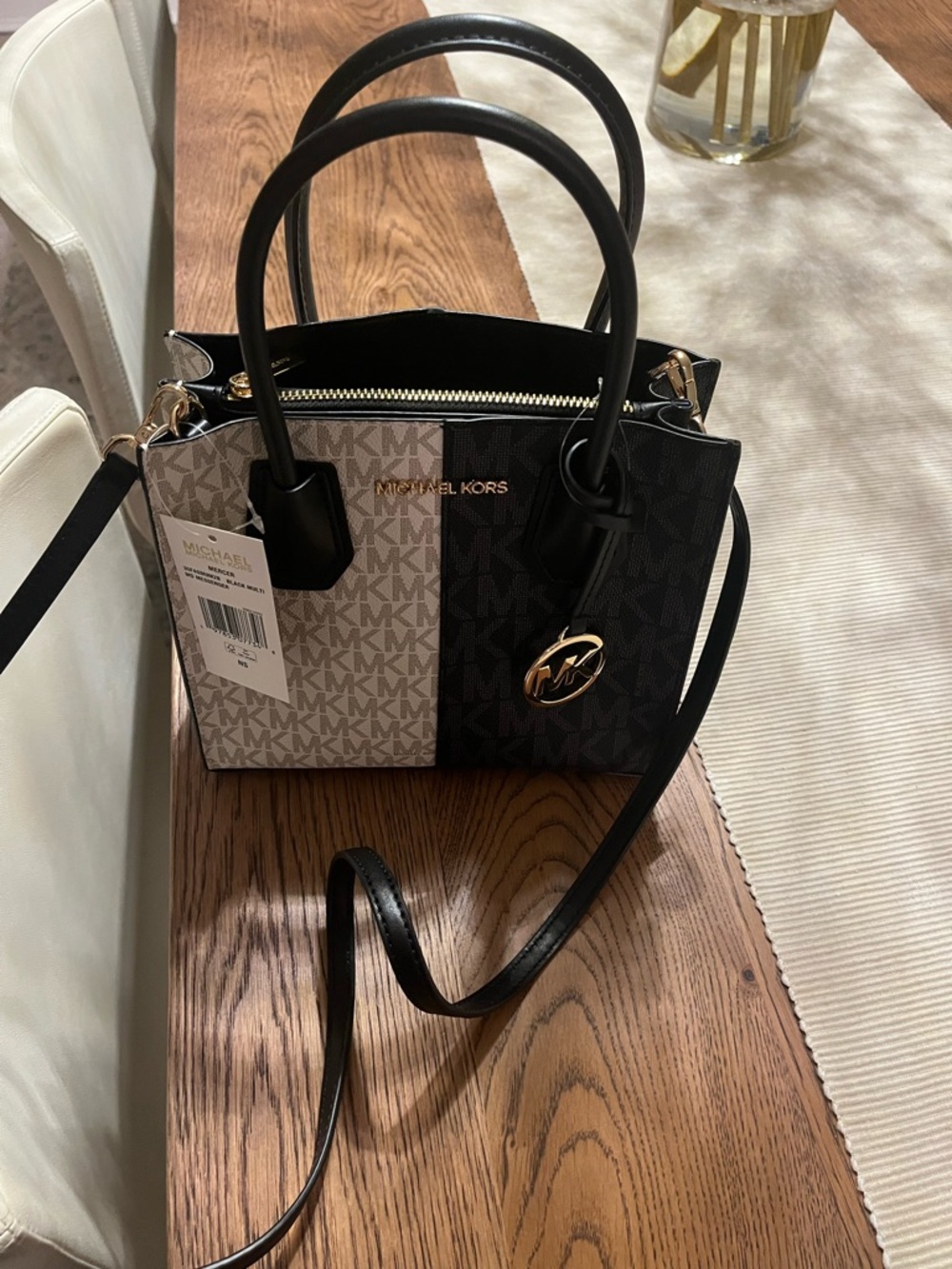 Michael Kors Two-Tone MK Logo Satchel - Black & Beige
